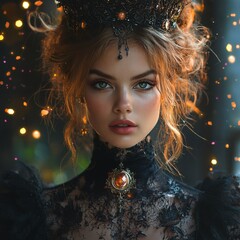 Poster - Steampunkinspired gothic woman hyperrealistic detail evil medallion on her neck gemstone crown expressive gaze set against a black background with twotone lighting and a colorful explosion