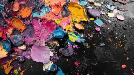 Poster - A colorful and abstract display of paint splashes in vivid hues, captured in high detail on a black studio floor for a dynamic visual.