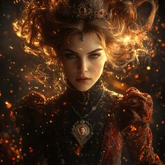 Poster - Steampunkstyle gothic woman highres 3D adorned with a medallion and a crown of precious stones flying hair an intense gaze black background with dynamic twotone lighting multicolored explosion
