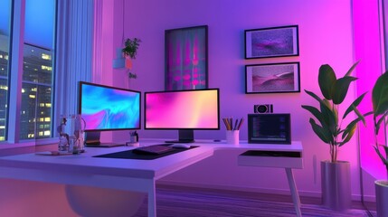 Poster - A contemporary minimalist Zoom room with vibrant pink accents and generative art on the walls, perfect for a stylish video call setting.