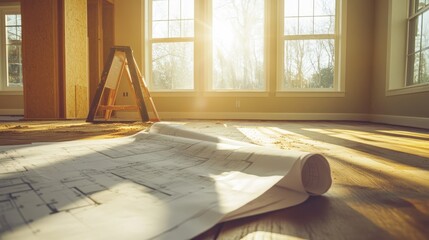 Poster - A contractor workspace with sawdust on the floor, blueprints spread out in an empty living room, signaling the beginning of a home project.