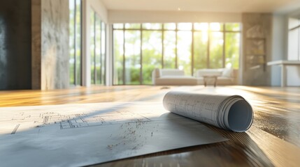 Poster - A contractor workspace with sawdust on the floor, blueprints spread out in an empty living room, signaling the beginning of a home project.
