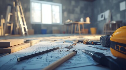 Poster - A contractor workspace with scattered sawdust, blueprints, and tools set up in an empty living room, ready for a renovation project.