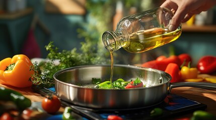 Poster - A cooking scene with a hand pouring avocado oil into a stainless steel pan, surrounded by colorful ingredients like peppers, herbs, and tomatoes