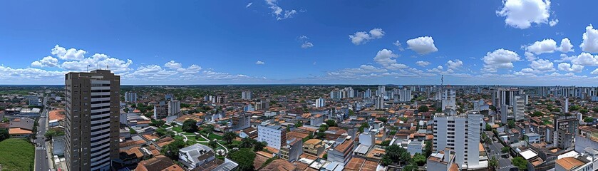 A panoramic view of a vibrant city skyline under a clear blue sky, showcasing a mix of modern buildings and traditional architecture.