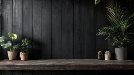Aufkleber - A dark, black wall paired with rough wooden planks, giving a rustic and textured feel perfect for product showcase in a creative setting.