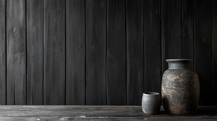 Aufkleber - A dark, black wall paired with rough wooden planks, giving a rustic and textured feel perfect for product showcase in a creative setting.