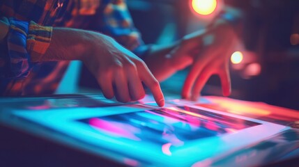 Poster - Creative Hands Interacting with Bright Digital Screen at Night