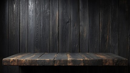 Aufkleber - A dark black wall with rugged wooden planks forms a rustic, textured backdrop, perfect for displaying elegant products in a stylish setting.