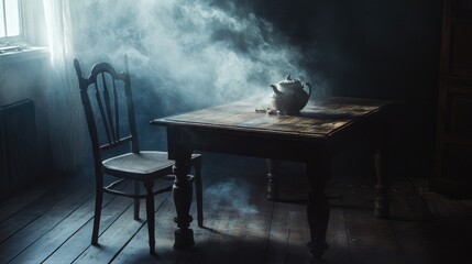 Poster - A dark, smoky haze fills the space around an antique wooden table, evoking an atmospheric and dramatic scene with a moody tone.