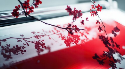 Poster - Delicate Cherry Blossom Reflection on Glossy Surface with Red Hue