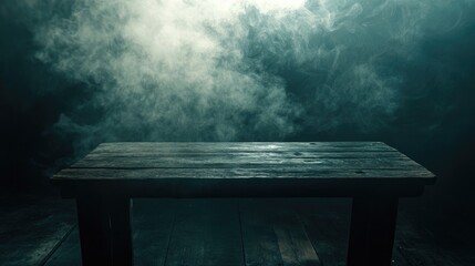 Poster - A dark, smoky haze fills the space around an antique wooden table, evoking an atmospheric and dramatic scene with a moody tone.