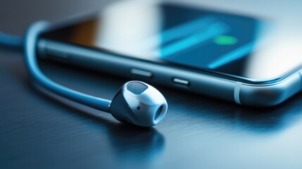 Aufkleber - A detailed close-up of earphones placed on a smartphone, highlighting the charging port, emphasizing the connection between music and technology.