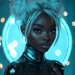 Poster - Stylish African cyborg girl big bright eyes mercury bodysuit glittering silver circle behind white hair in buns turquoise mint background glowing with radiance body aesthetics in sharp contrast