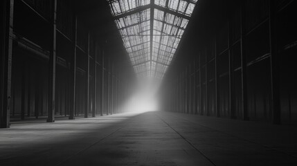 Poster - A digitally created, dimly lit warehouse with no objects, featuring a three-dimensional design and abstract space, evoking a sense of emptiness and depth.