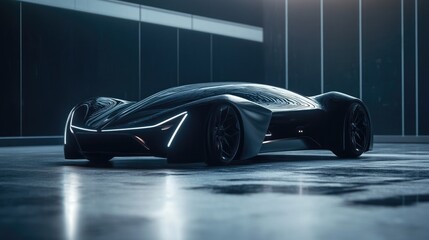 Poster - A digital hologram of a futuristic car on a dark background, blending sleek design and advanced technology in a generative AI concept.