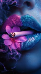 Poster - Stylized lips painted half pink half blue holding cigarette with a blossoming pink flower at the tip A surreal purplepink smoke swirls around the lips set against a striking black background