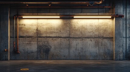 Poster - A dimly lit, industrial garage featuring exposed pipes on a weathered concrete wall, creating a bold and grungy atmosphere for a modern backdrop