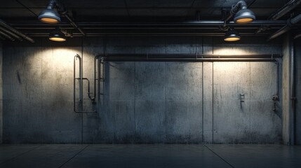 Poster - A dimly lit, industrial garage featuring exposed pipes on a weathered concrete wall, creating a bold and grungy atmosphere for a modern backdrop