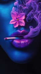 Poster - stylized lips painted half pink half blue holding cigarette with a blossoming pink flower at the tip