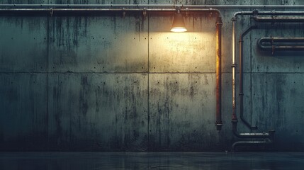 Poster - A dimly lit, industrial garage featuring exposed pipes on a weathered concrete wall, creating a bold and grungy atmosphere for a modern backdrop