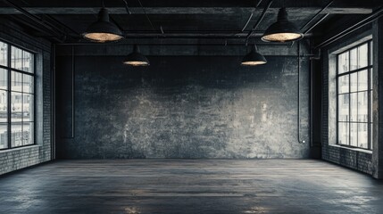 Poster - A dimly lit industrial space with exposed concrete walls, wooden flooring, and overhead lighting, creating a gritty, grungy atmosphere.