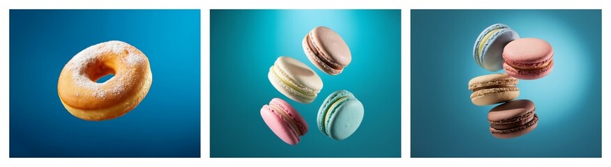 Aufkleber - A delectable trio: a powdered donut and colorful macarons float against a vibrant blue backdrop.  Sweet treats in mid-air.