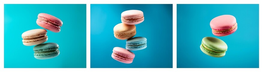 Aufkleber - Three images showcase pastel-colored macarons in mid-air against a vibrant turquoise backdrop.  The delicate cookies appear light and airy, creating a visually appealing and appetizing scene.