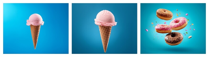 Poster - Three images showcase pink ice cream cones and assorted donuts against a vibrant blue background.  Sweet treats, frozen dessert, sugary delights.