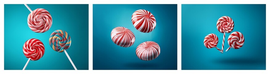 Poster - Three vibrant images showcase red and white swirled lollipops against a teal backdrop. Some lollipops are on sticks, others float.  A delightful confectionery display.