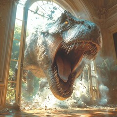 Poster - Head and upper body of a roaring TRex crash through a set of beautiful French doors sending shattered glass and wood flying Its sharp teeth gleam as sunlight streams in casting shadows