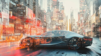 Poster - A futuristic car with transparent sections, blending advanced technology and urban cityscape in a digital rendering.