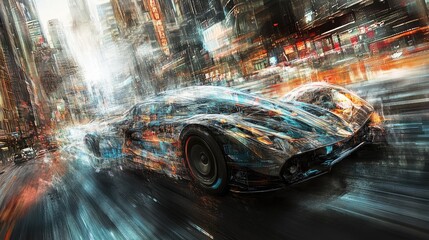Poster - A futuristic car with transparent sections, blending advanced technology and urban cityscape in a digital rendering.