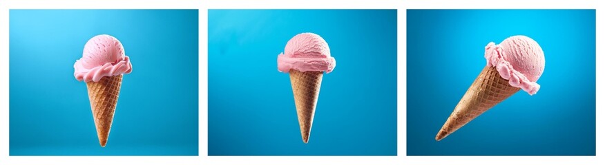 Poster - Three pink ice cream cones on a blue background.  The cones are in different positions, showing variation in presentation.