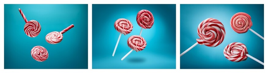 Poster - Red swirl lollipops levitate against a vibrant teal backdrop, creating a playful, sweet image.
