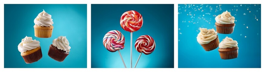 Poster - Sweet treats collage: cupcakes and lollipops against a vibrant blue backdrop.  Floating cupcakes add whimsical charm.