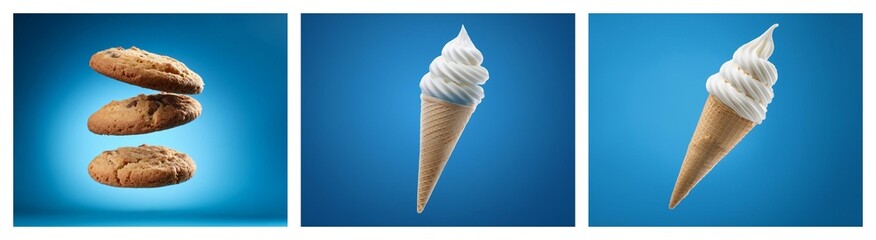 Poster - Sweet treats against a blue backdrop.  Three chocolate chip cookies hover, alongside two soft serve ice cream cones.