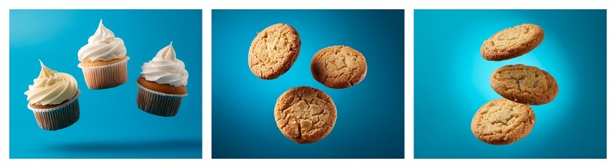 Poster - Three images showcase delectable cupcakes and cookies against a vibrant blue backdrop.  The treats appear to be floating, creating a playful, appetizing scene.