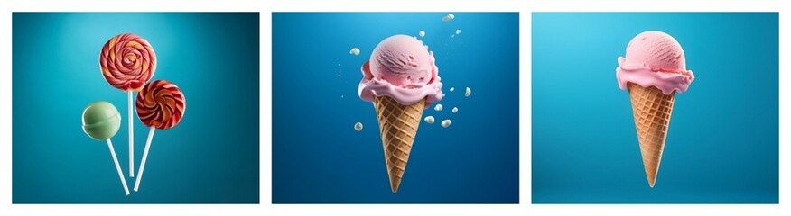 Poster - Sweet treats against a vibrant blue backdrop.  Lollipops and ice cream cones showcase colorful, delectable textures.