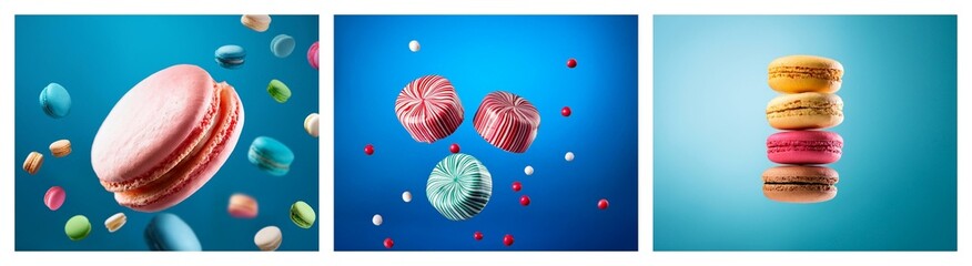 Aufkleber - Vibrant macarons in various colors float against a bright blue backdrop.  Some are single, others stacked. A delightful confectionery image.