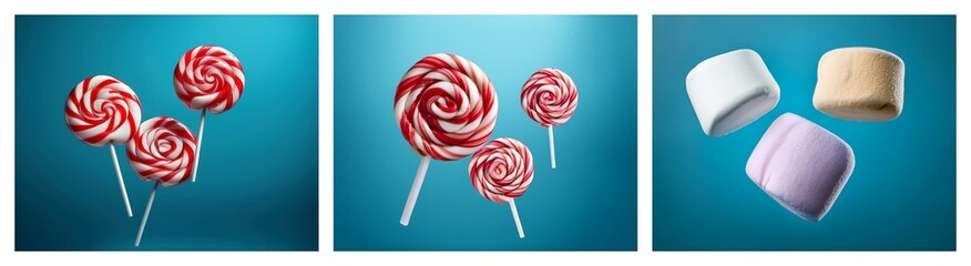 Aufkleber - Sweet treats:  colorful lollipops and marshmallows on a blue background.  A delightful confectionery image.