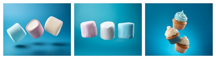 Poster - A vibrant image showcasing pastel-colored marshmallows and cupcakes floating against a teal backdrop.  Sweet treats in mid-air.