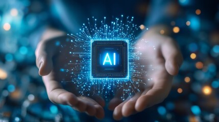 Poster - A glowing AI chip is held between two hands, symbolizing innovation and technology in artificial intelligence.