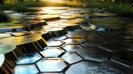 Poster - A futuristic scene with D-shaped hexagonal patterns, metallic reflections, and vibrant highlights, creating a sleek, digital landscape.