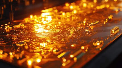 Poster - Glowing Golden Circuit Board with Detailed Microchip Components