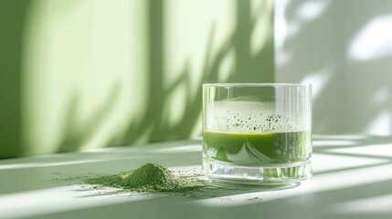 Poster - A glass of matcha tea on a green backdrop, accented with a few matcha powder sprinkles, offering a minimalist and tranquil vibe.