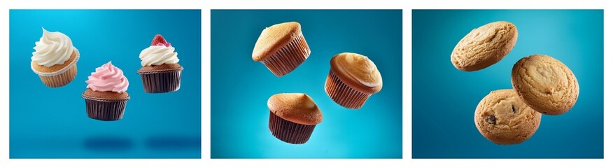 Poster - Three panels show cupcakes and cookies levitating against a vibrant blue backdrop.  Sweet treats appear light and airy.