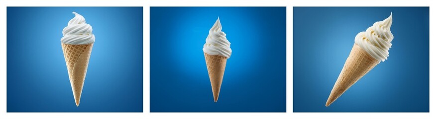 Poster - Triple image of soft serve ice cream cones against a blue background.  The cones vary slightly in size and swirl.