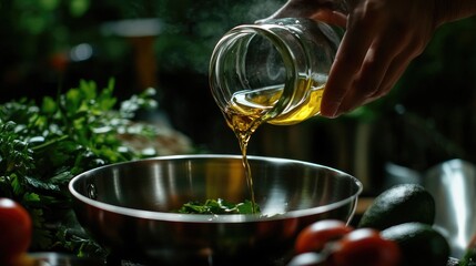 Poster - A hand gently pouring avocado oil into a shiny stainless steel pan, with a backdrop of vibrant, fresh ingredients, capturing a cooking moment.