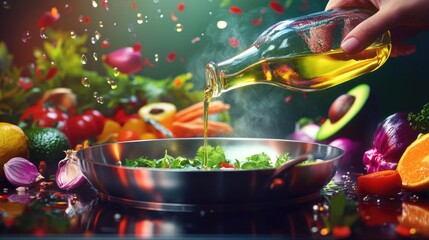 Poster - A hand gently pouring avocado oil into a shiny stainless steel pan, with a backdrop of vibrant, fresh ingredients, capturing a cooking moment.